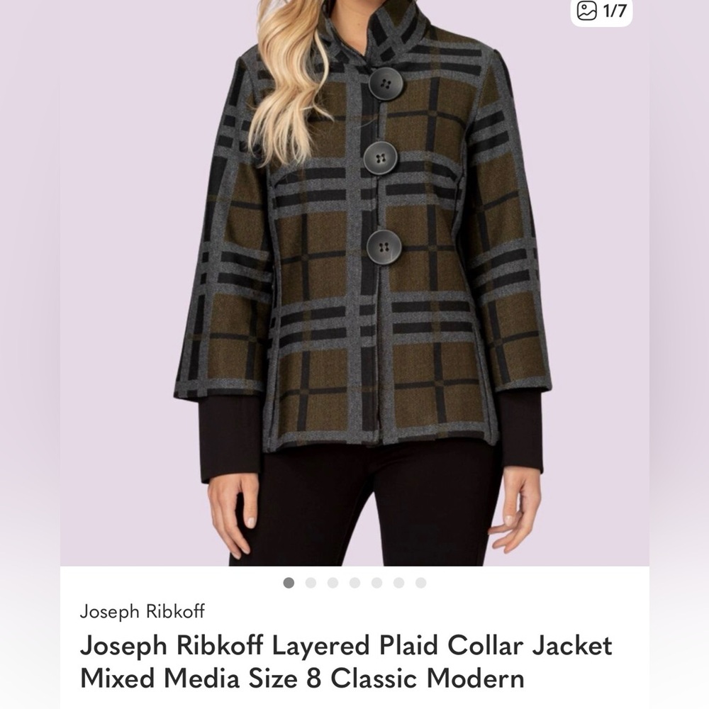 Joseph Ribkoff Olive Plaid Collar Jacket with Black Trim